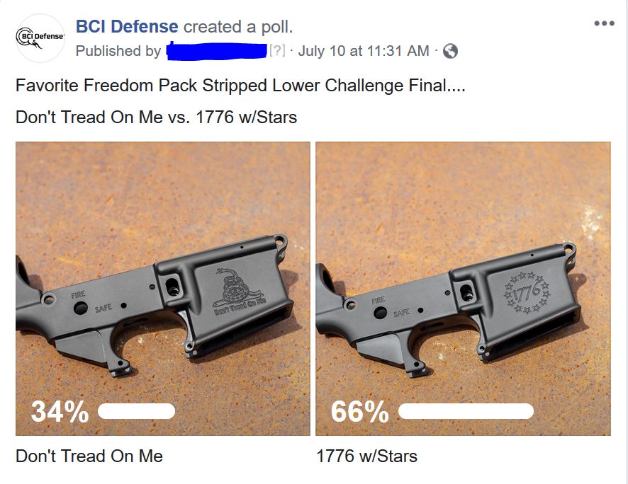 BCIDefense's tweet photo. You have spoken....The Most Favorite Freedom Pack Lower Receiver is the 1776 w/Stars!  Thank you to everyone that participated...... #Freedom #2A #StatusQuoSucks #TrueManufacturer #ThursdayThoughts #ThursdayMotivation #AR15 #AmericaFirst #USA https://t.co/zHc275LEql