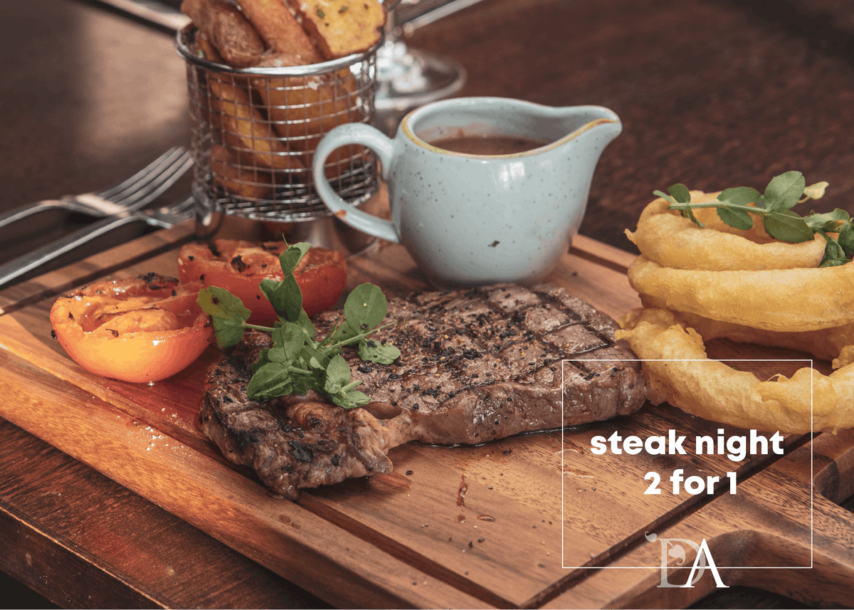 TheDAHotel's tweet photo. Tonight is STEAK NIGHT🥩 
Get 2 for 1 on our delicious steaks every Thursday, from £19! Walk ins welcome or treat someone special with a voucher: https://t.co/aUPTboMTxx https://t.co/ZCygB6o4mH