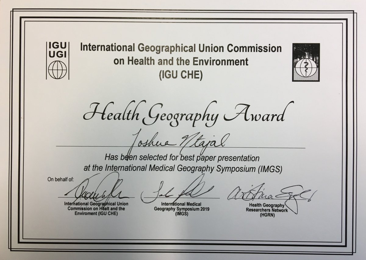 OneHealthBonn's tweet photo. @ZEFbonn doctoral student @JoshuaNtajal was awarded the best paper presentation for his #OneHealth work on the neglected tropical disease #schistosomiasis in #Ghana at the International Medical Geography Symposium (#imgs2019) https://t.co/5ktebU9xmD