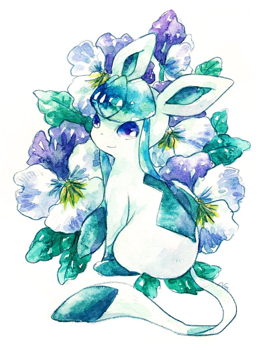 pokemon (creature) no humans open mouth flower solo blue flower traditional media  illustration images