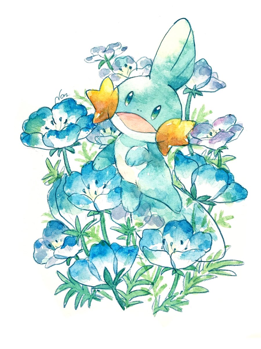 pokemon (creature) no humans open mouth flower solo blue flower traditional media  illustration images