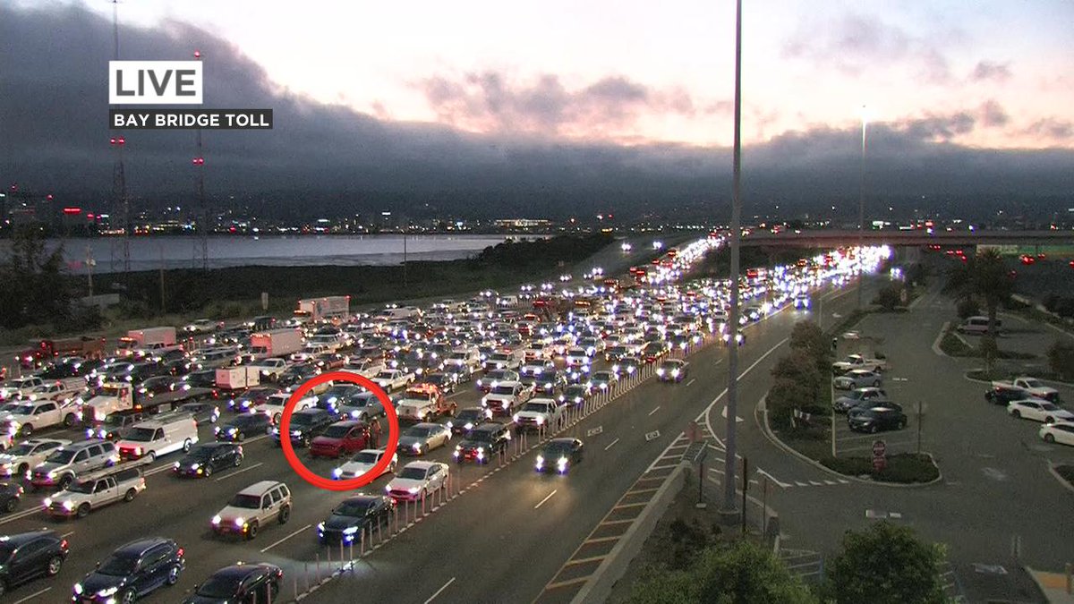 Disabled vehicle WB 80 just before the Bay Bridge toll plaza- lane #5 blocked, bridge crew on scene. Metering lights flipped on at 5:26am today.