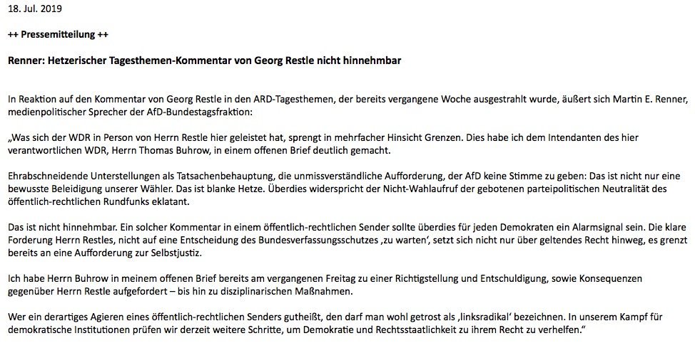 akm0803's tweet photo. Die #AfD macht weiter mit ihrer Kritik an @georgrestle, diesmal per Pressemitteilung, verschickt über die Bundestagsfraktion. Der medienpolitische Sprecher fordert von WDR-Intendant Tom Buhrow Konsequenzen. Und nennt alle, die sich solidarisiert haben, "linksradikal"... https://t.co/V1SlrYQFQd