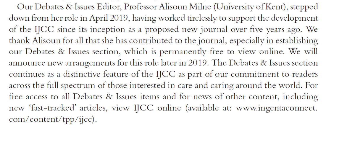 A special thanks  in the latest <a href="/IJCCjournal/">Care & Caring Jnl</a> editoriato <a href="/Alisounjm/">Alisoun Milne</a> for all her work establishing the Debates and Issues Section as a key part of the journal: ingentaconnect.com/contentone/tpp…