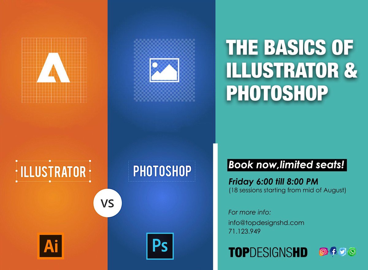 Topdesignshd's tweet photo. Do you want to learn basics of Photoshop &amp; Illustrator?
With TOP DESIGNS HD you will be able to manage your own designs within 18 sessions, each session is 2hrs.
Limited seats, booking is must!
For more information calls us at +96171123949
#computer #skills #adobe #CS6 https://t.co/Uq4teNqWJr