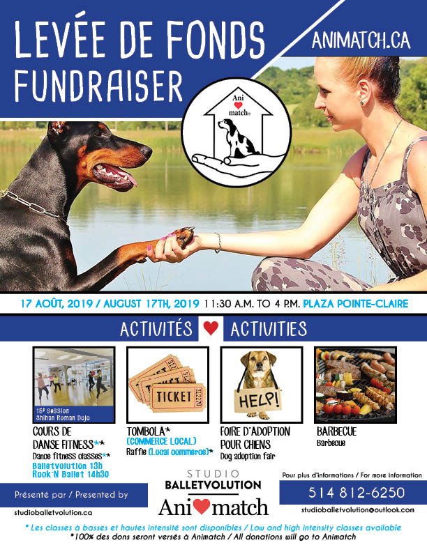 balletvolution's tweet image. I wanted to call your attention to a wonderful and inspiring fundraiser that we will be holding on Saturday, August 17th at Plaza Pointe-Claire to benefit the Animatch dog shelter. 
Let’s get the community involved and make it a wonderful day for all. #Animatch #fundraiser