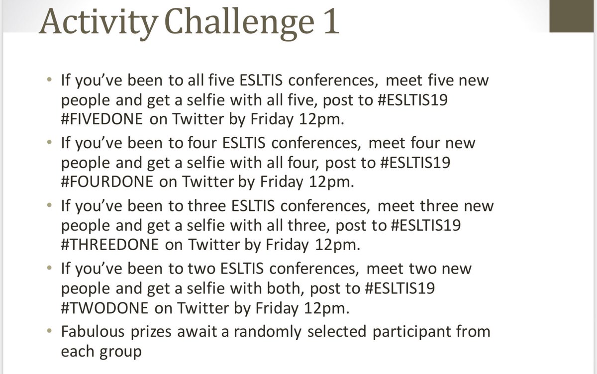 samjnolan's tweet photo. The rules for the conference activity can be found below #ESLTIS19 #esltis https://t.co/nMk7HOzMFB