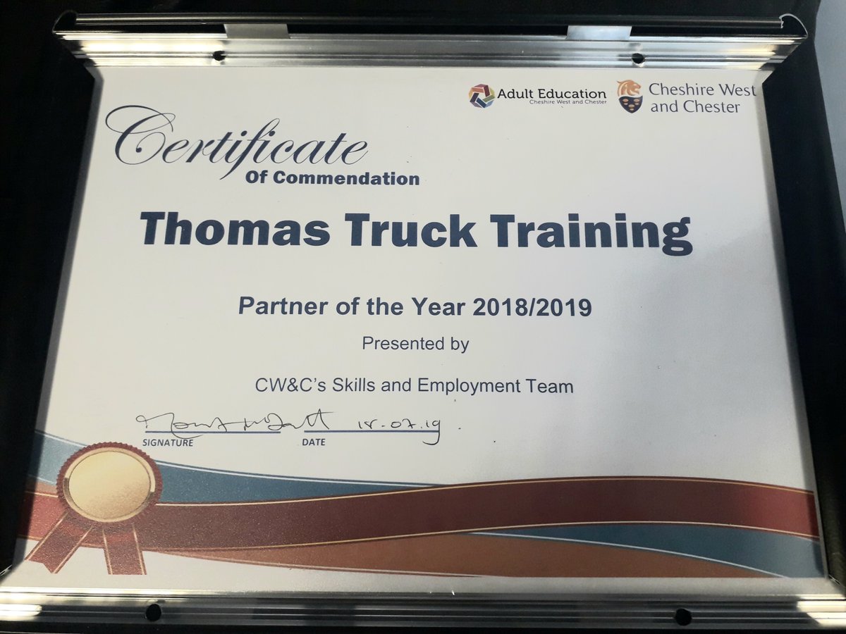 Extremely proud to say that Cheshire West and Chester Skills and Employment Team have voted Thomas Truck Training Ltd as their Partner of the year 2018/2019. Fantastic result for the TTT Team. 
#ttt #training #skills #cheshirewestandchester