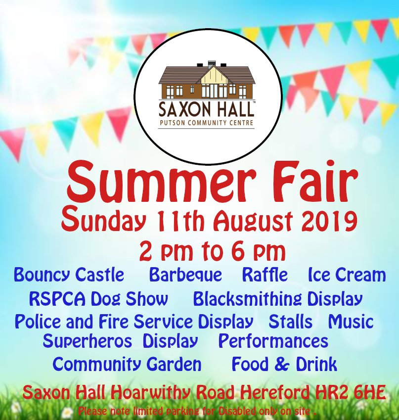 SaxonHall's tweet photo. Summer Fair at Saxon Hall,
Sunday 11th August 2019, 2 pm to 6 pm, Limited parking for disabled only
( due to the events taking place needing space for safety.) https://t.co/fiFxXscphg