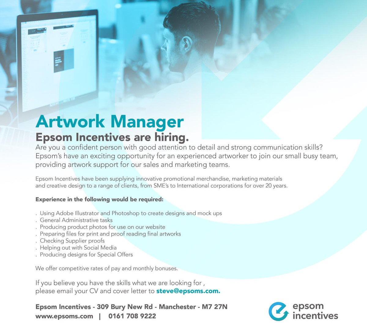 Artroom Manager Required - Manchester

We are recruiting! 👍🏻 hashtag#artworker hashtag#recruiting  hashtag#wearerecruiting

Contact Epsoms 0161 708 9222 or email your CV steve@epsoms.com