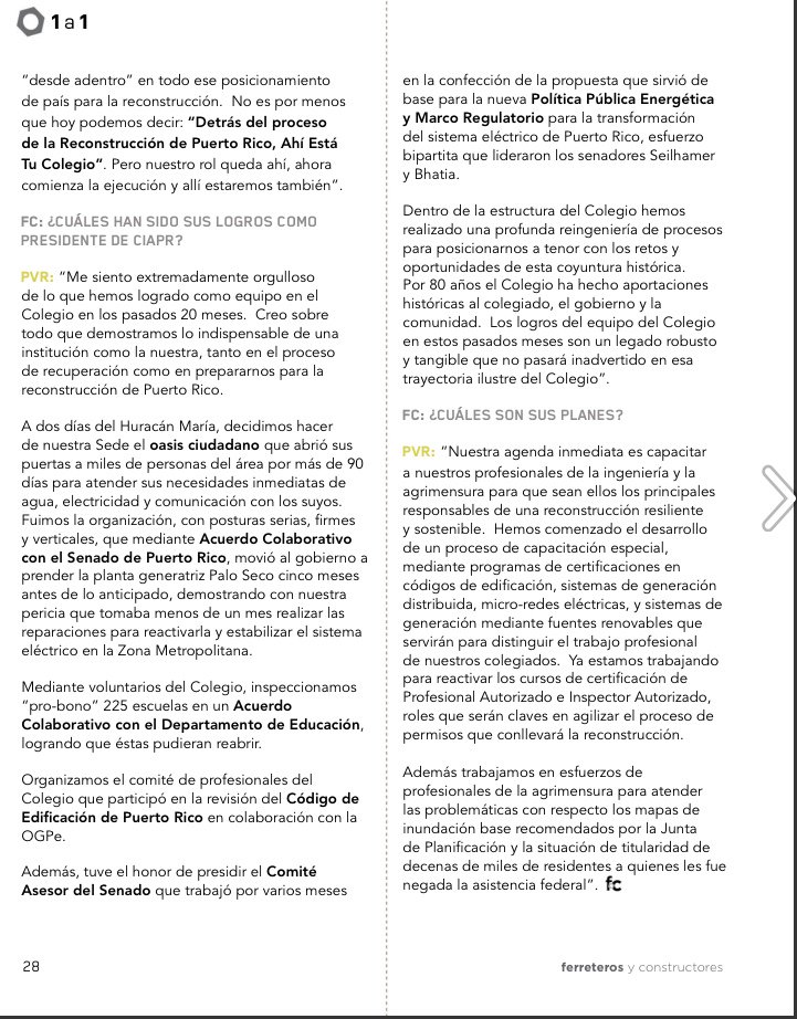 Reportaje a nuestro Presidente, Ing. Pablo Vázquez Ruiz en la edición de julio de la revista Ferreteros y Constructores. #CIAPR #Ingenieros #Agrimensores