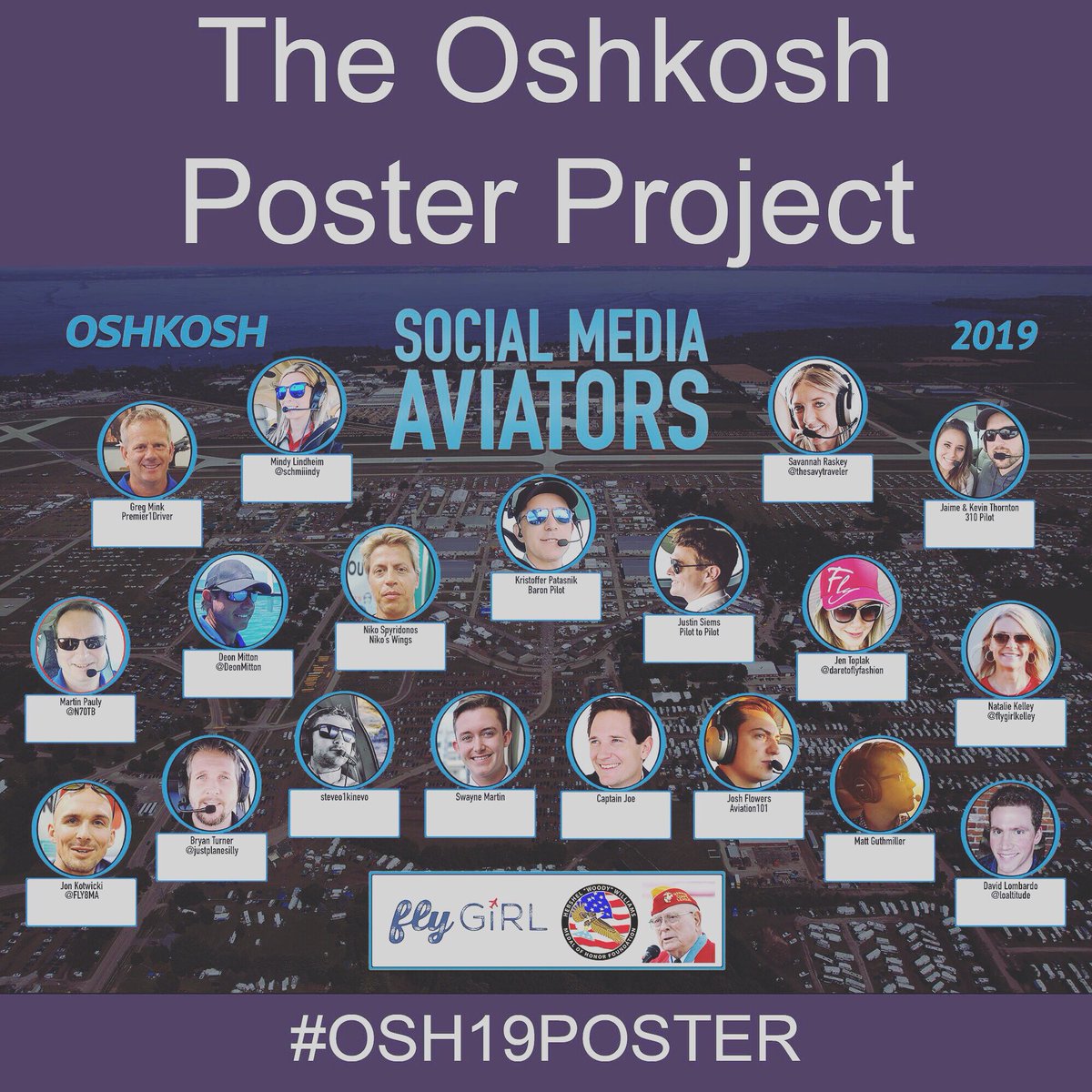 _Martin_Pauly's tweet photo. 19 of your favorite YouTube and IG aviators are teaming up to support @flygirlkelley and @HWWMOHF with the Oshkosh Poster Project.
Please help by sharing this post, and follow #osh19poster here and on IG to learn more as AirVenture 2019 begins. https://t.co/7wnmE3BfBY