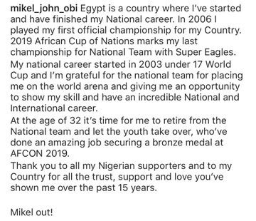 Afroplugmedia's tweet photo. News reaching us now! 

Mikel is Retiring from The Nigerian National Football Team!! https://t.co/RAylF3WBtv