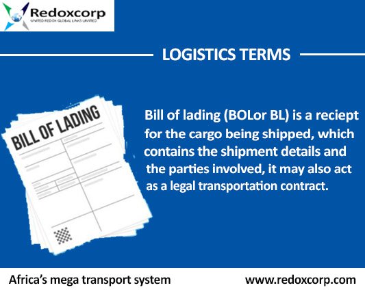 Redoxcorp1's tweet image. Bill of lading (BOL or BL) is a receipt for the cargo being shipped, which contains the shipment details and the parties involved, it may also act as a legal transportation contract. 
#thursday #redox #logisticsterms #freight #shipments #shipping #seafreight #airfreight #imports