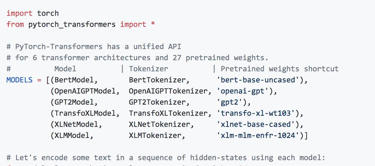 PhillyTalentAI's tweet image. Machine Learning Engineers & Kagglers!
PyTorch-Transformers has 6 transformer models and 27 pretrained model weights: Google's BERT, OpenAI's GPT & GPT-2, Google's and CMU's Transformer-XL and XLNet, and Facebook's XLM.
GitHub: github.com/huggingface/py…
#model #AI #NLP