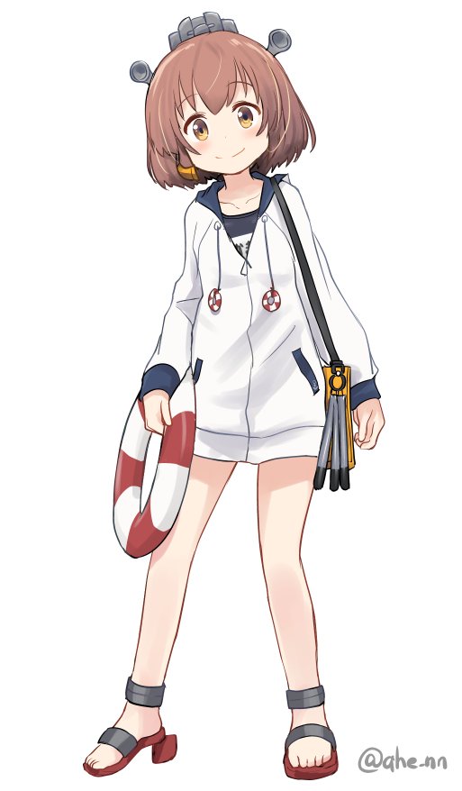 yukikaze (kancolle) 1girl solo brown hair speaking tube headset short hair white background headgear  illustration images