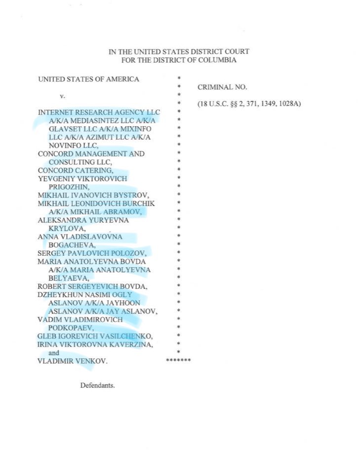 INFORMATION WARFARE: Conspiracy to Interfere.A page by page read of the Mueller indictments detailing Russian military campaigns to deprive America of its first woman President.Thread.1/ IRA Indictment.“We had a slight crisis here at work: the FBI busted our activity.”