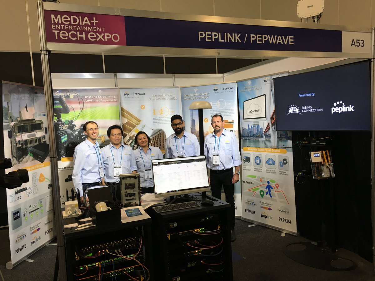 Peplink's tweet photo. Marcus and the team from Wireless Tech Australia have held it down at this year’s Met+ Expo in Sydney. They're showing off the #PowerofPeplink to the Australian Media Industry through tomorrow (Fri)!
#SpeedFusion #Streaming #Media #HD2 #HD4 #SFE #EPX #SFE #SpeedfusionEngine https://t.co/ogTuwZ4zG5