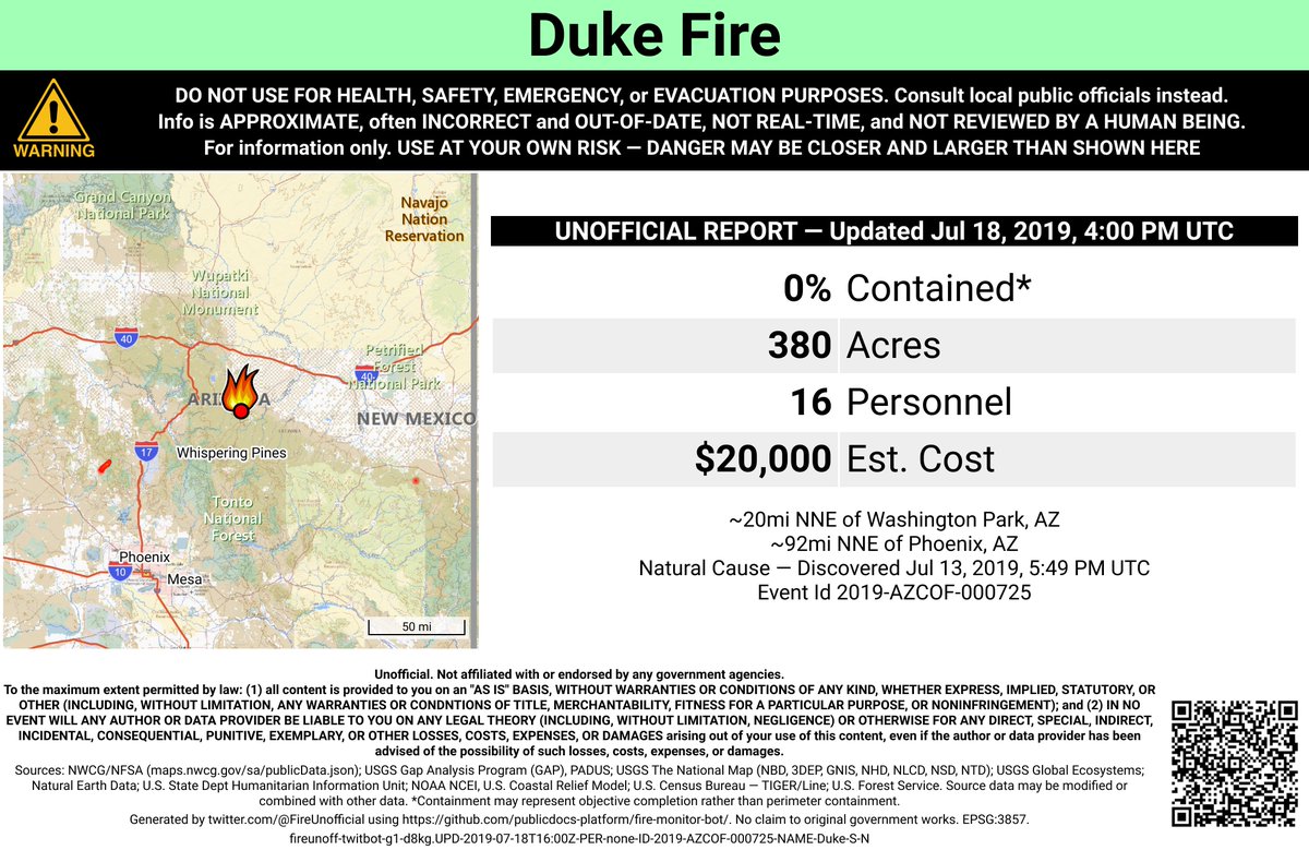 SWFireBot's tweet photo. #DukeFire 🔥 unofficial, automated update.
@CoconinoNF; ~20mi NNE of Washington Park, AZ. ⚠️ DO NOT USE FOR SAFETY PURPOSES - See officials instead. May be incorrect; disclaimers in images. https://t.co/EZZyaGB0iJ