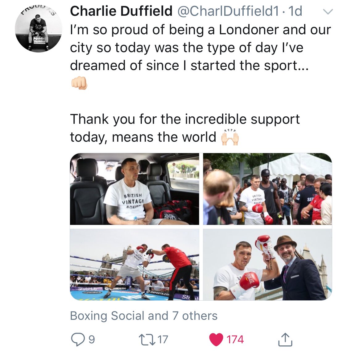 🗣 Fan sentiment analytics from open workout posts...

🌟 Charlie Duffield 3.6k – 5.5% 🌟 

Dillian Whyte  230k – 0.05%
David Allen 95.3K – 0.74%
David Price 208k – N/A
Dereck Chisora 205k - 0.25%
Lawrence Okolie 33k - 0.21%
Richard Riakporhe 3.9k – 1.03%
CBS - 2.6k - 1.96%