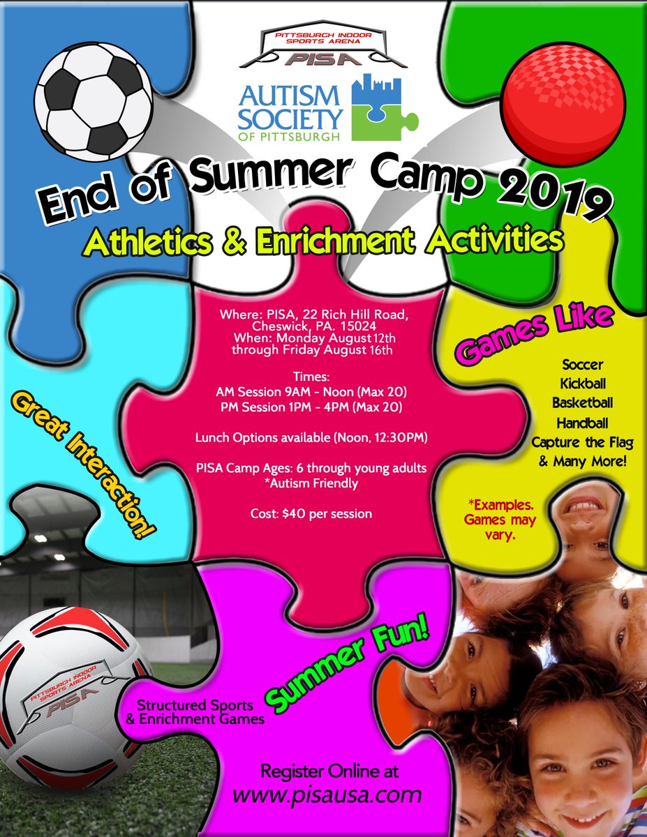 Aut2knowpgh's tweet photo. Join us for the PISA End of Summer 2019 Camp! This is an autism friendly summer camp and all can attend between the ages of six through young adults. This is a great opportunity for social interaction, athletics, and enrichment activities. https://t.co/I5Ka9BMuBW