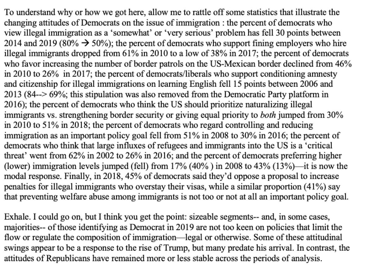 12/n To be fair, for a Democratic candidate to confront this would be a political liability. Much of the party's base has gravitated towards an immigration position that, at the very least, is not 'anti-open-borders'