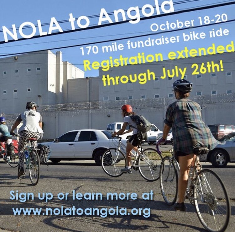 weareNOLAW's tweet photo. Our past beneficiary, NOLA to Angola, has extended registration for their October ride til July 26! NtA is a solidarity bike ride that funds free buses for folks to visit their incarcerated loved ones. https://t.co/lprSyJqOOF https://t.co/FxlOF9KWn9