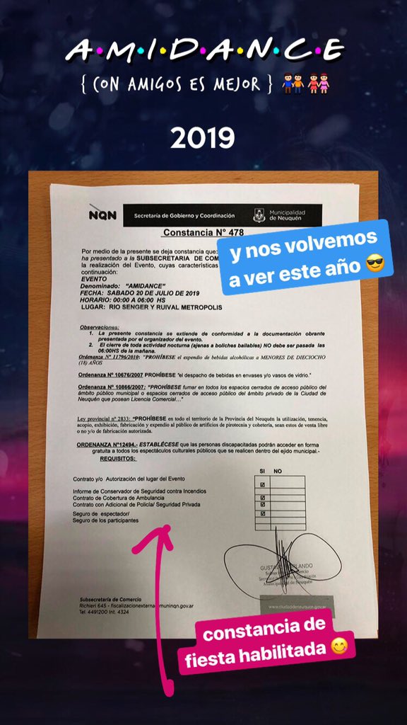 Palpadance's tweet photo. Nos vemos en esta Amidance 2019 😍🎉
(la constancia de la habilitacion por si alguien tenia dudas 😋)
#FestejemosLaAmistad https://t.co/sK9GW8KCqf
