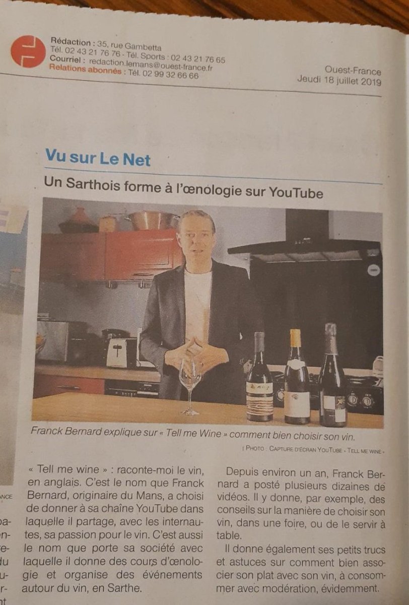 TellWine's tweet photo. Quelle bonne surprise d'ouvrir le @OuestFrance72 ce mans ce matin. On y parle de ma chaîne Youtube. https://t.co/O5yvlECBPo https://t.co/7E8UAmpo56