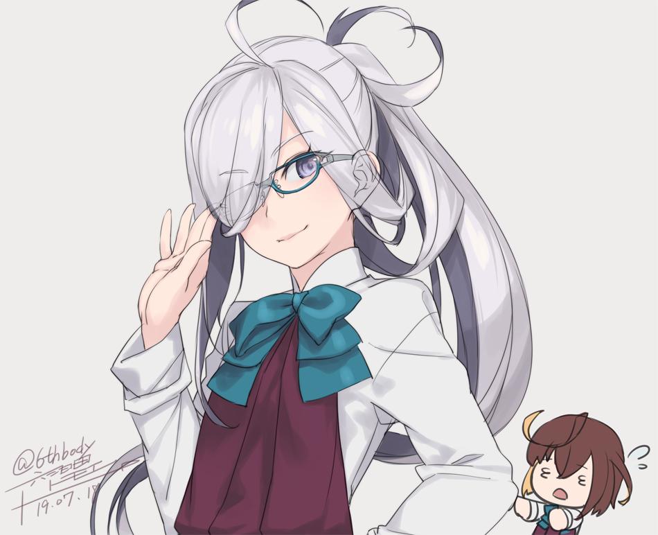 asashimo (kancolle) ,okinami (kancolle) multiple girls glasses 2girls hair over one eye blue-framed eyewear school uniform grey eyes  illustration images