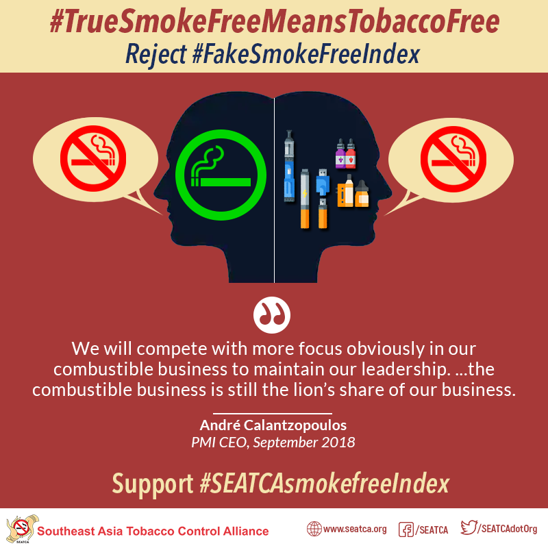 SEATCAdotOrg's tweet photo. PMI talks about a "smoke-free world" but aggressively sells billions of cigarettes and opposes tobacco control measures proven to reduce smoking.

#FakeSmokeFreeIndex
#SEATCAsmokefreeIndex 
#DontBeFooled 
#PMIsmokefreeScam 
#RejectSmokeFreeFdn https://t.co/gQGMJrdoZQ