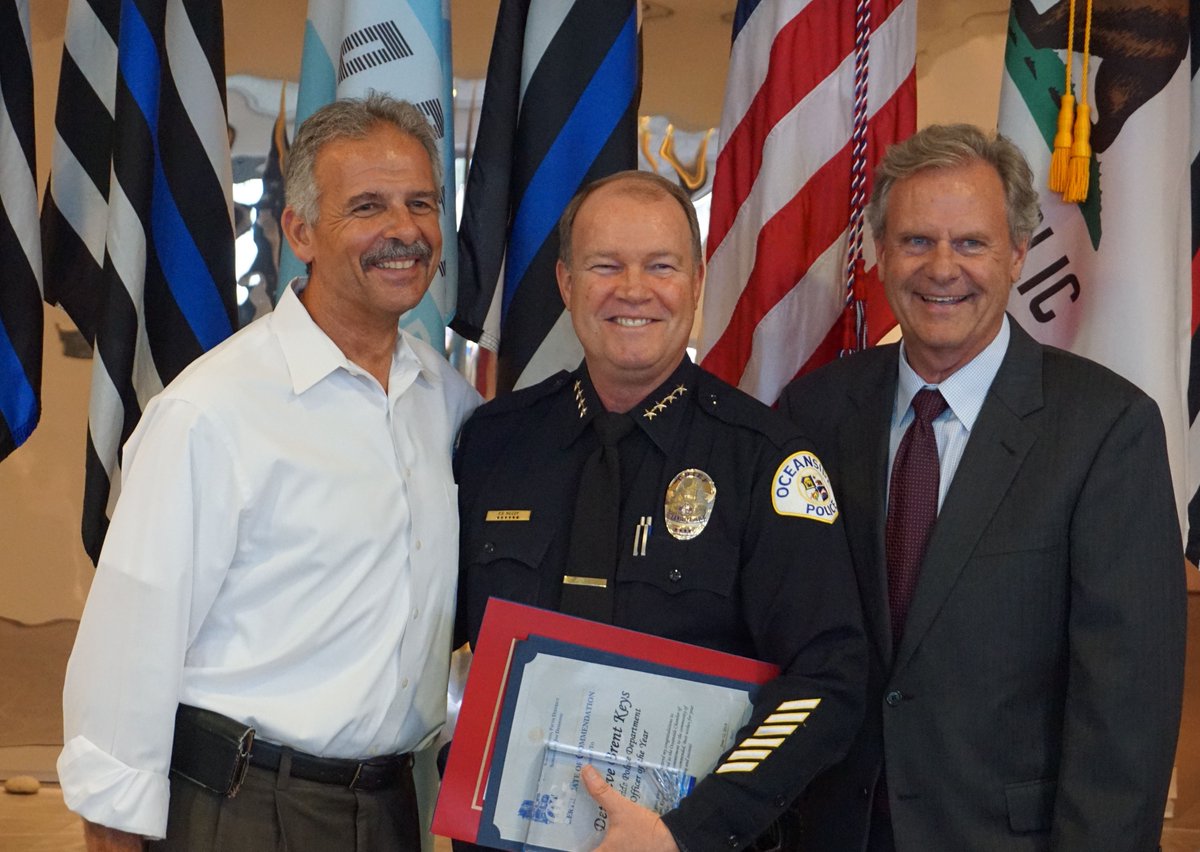 #tbt Last month at the Heroes Reception the #oceansidepolice Officer of the Year award went to Detective Brent Keys, who was the lead investigator on three high profile murder cases. Police Chief Frank McCoy was able to accept the award on his behalf. 
#osidepublicsafety #OPD