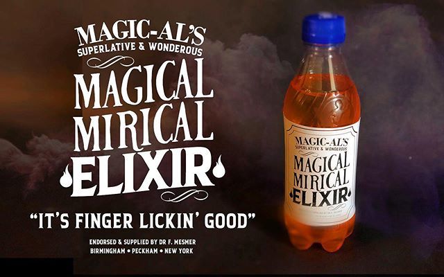 A_G_Rowley's tweet photo. Magic-Al’s Magical Miracle Elixir! Get yours now* to achieve all your Magical Miraculous deeds! “It’s Finger Lickin’ Good!”** *not legally for sale **we have just been made aware this slogan has already been in use for many years. Please bear with us whi… https://t.co/9lHe7kvsrA https://t.co/vHi57PuwsF
