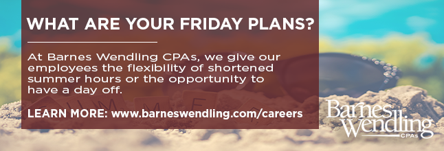 BarnesWendling's tweet photo. One of the many benefits of being a Barnes Wendling employee is our Summer Hours program. Enjoy long weekends all summer long! Join the BW team today: https://t.co/VjPzeprTk9 #BWorkPlace #BWorkHardPlayHard #JobOpening #Hiring #JoinOurTeam #SummerHours #Accounting https://t.co/uU6fbNUMX2