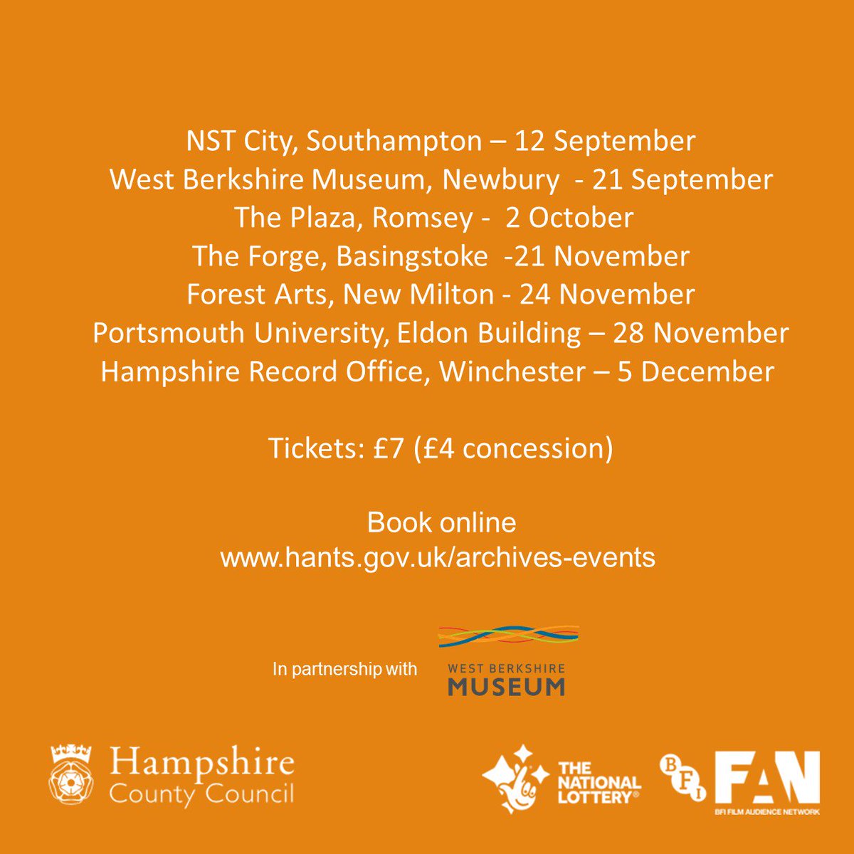 HantsArchives's tweet photo. You can book your tickets for this exciting screening series now! We’re screening in venues all over the region  https://t.co/U37wxOFSzl @NSTheatres @AnvilArts @portsmouthfilms @PlazaRomsey @WBerksMuseum @ForestArts  @HistoricalSoton @EastleighHistory https://t.co/gkrUgISTXN