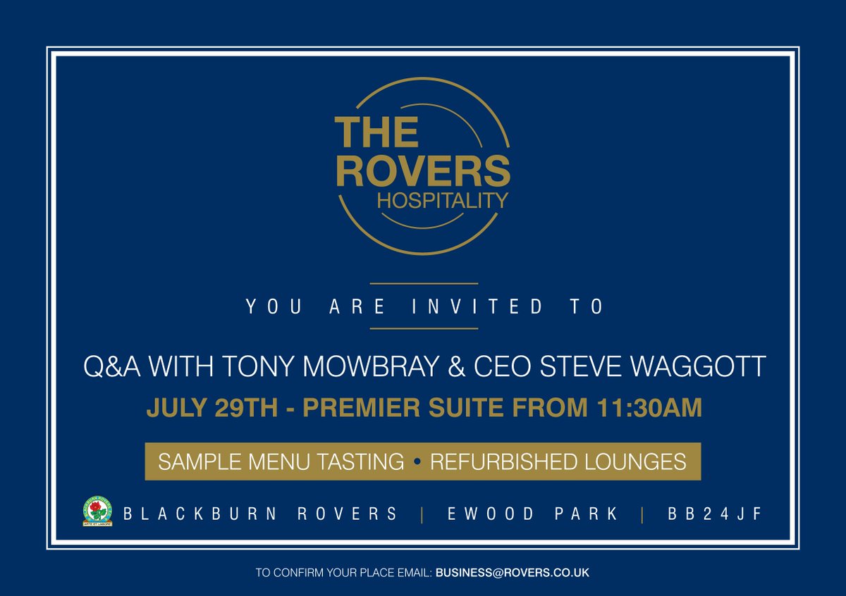 🤩 Come and see the exciting new plans for our Premier Suite at our #OneRovers event on Monday 29th July!

Support #Rovers in style: 

📩 Email:  Business@Rovers.co.uk
📞 Call: 01254 508008