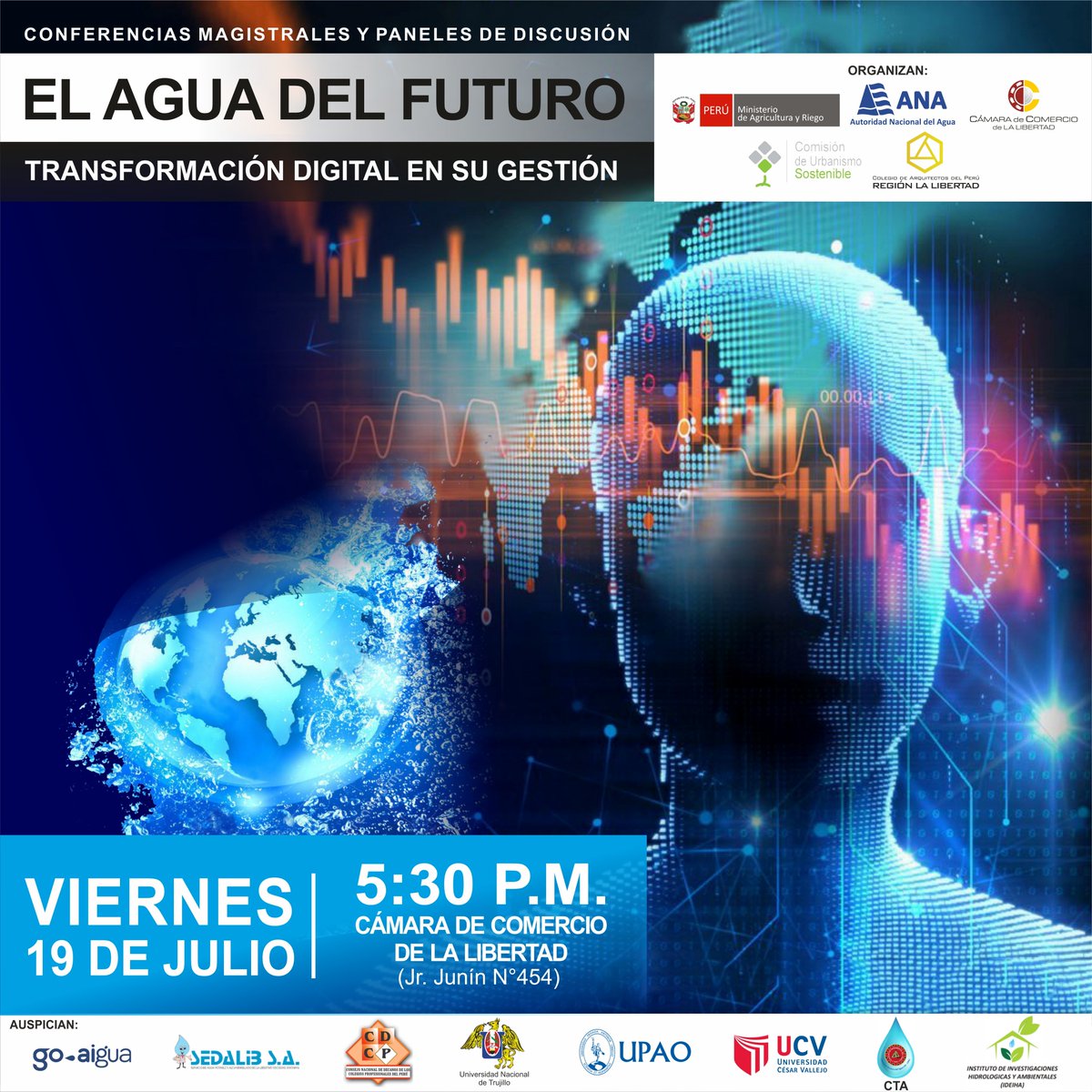 CCLL_Trujillo's tweet photo. ⭐️ INGRESO LIBRE | Participa del evento denominado ‘El Agua del Futuro: Transformación digital de la gestión del agua’.
🗓️ Fecha: 19 de julio ⌚️Hora: 5:30 p.m. 
📌 Sede principal de la Cámara de Comercio de La Libertad (jirón Junín N° 454)
📋 Inscríbete 👉https://t.co/EJWXyzUjwm https://t.co/Y1BBOn3DM5