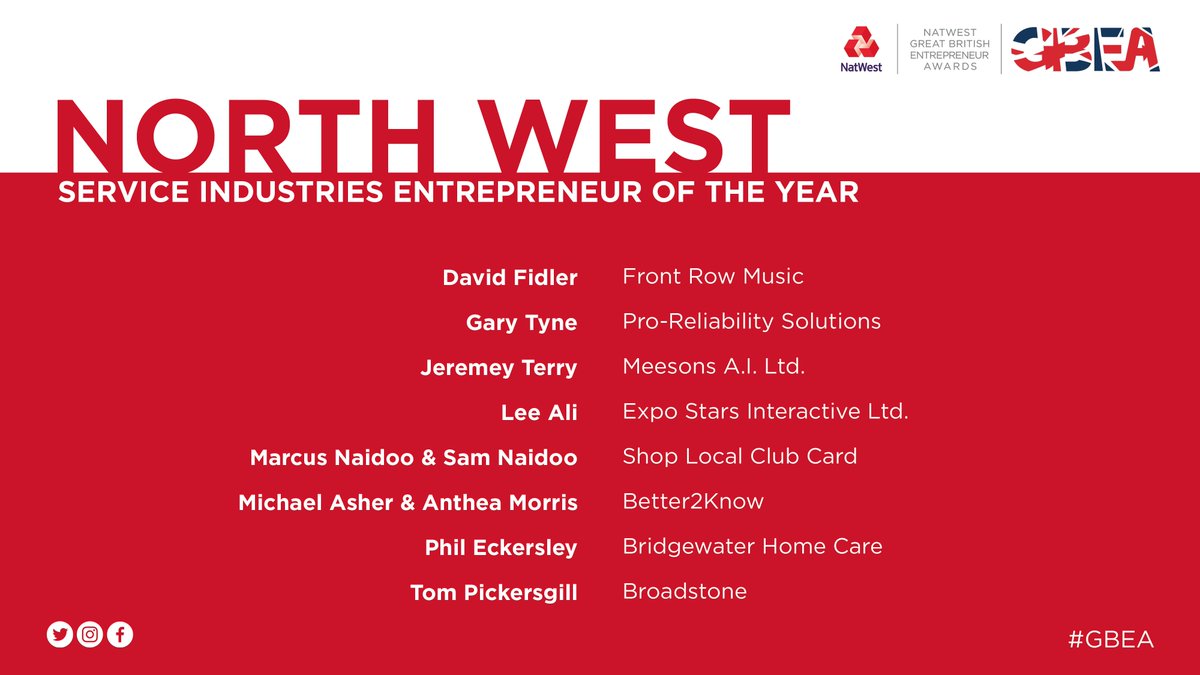 Our #GBEA 2019 Service Industries Entrepreneur of the Year finalists for the North West 🙌  Congratulations – <a href="/davefid/">Dave Fidler</a> <a href="/Pro_reliability/">Pro-reliability Solutions</a> <a href="/Meesons/">Meesons A.I. Ltd</a> <a href="/expostars/">Expo Stars Interactive</a>
@ShopLocalClub <a href="/Better2Know_Ltd/">Better2Know</a> <a href="/Bridgewater_HC/">Bridgewater Home Care</a> @Broadstone_app!