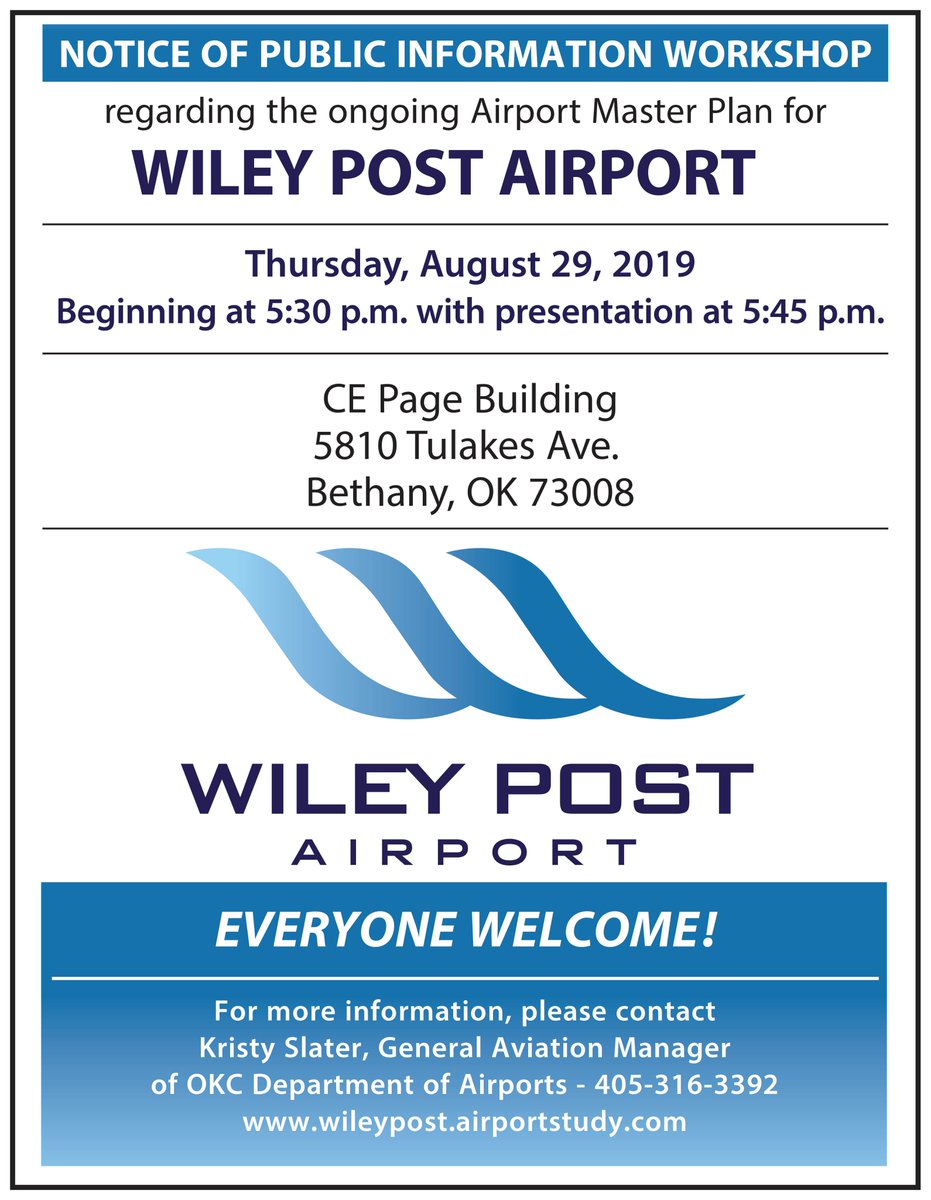 WileyPostKPWA's tweet photo. The final public workshop for the Wiley Post Airport Master Plan is coming up on Thursday, August 29th at 5:30pm. More info is available at https://t.co/BSTiuMvVpV #OKC #planning #airports #aviation #generalaviation https://t.co/Iu49nGddDs