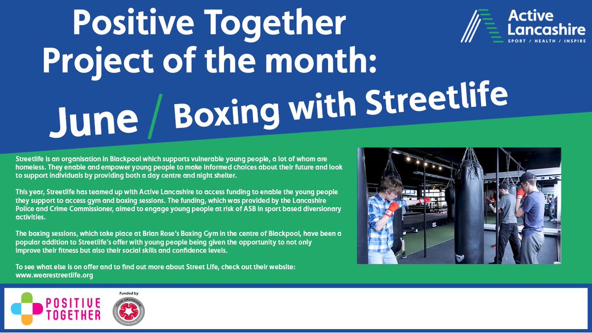 The Positive Together Project of the Month for June is Boxing with Streetlife. The boxing sessions have been a really popular addition to Streetlife's offer for young people and have helped improve not just fitness levels, but confidence levels too <a href="/tweetstreetlife/">Streetlife</a> <a href="/LancsPCC/">LancsPCC</a>