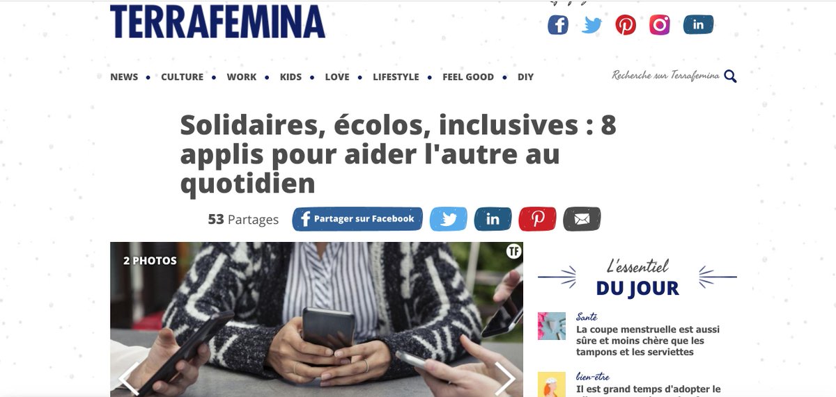 Merci <a href="/Terrafemina/">Terrafemina</a> pour la mise ne avant de notre service d'assistant virtuel au service des personnes en situation de Handicap et de leurs aidants. 
Nous sommes heureux d'être aux côtés de <a href="/lpliz06/">lpliz</a>, <a href="/BeMyEyes/">Be My Eyes</a>…