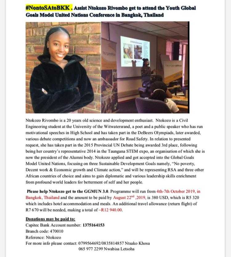 Ntokozo10503569's tweet image. Please help Ntokozo to Represent RSA 🇿🇦at a global goals program in Thailand 🇹🇭Bangkok. #NontoSAtoBKK #GlobalGoalsModelUnitedNatioms #CommittedToChange @l_nwabisa  @bonang_m @ZindziMandela @tumisole @SizweDhlomo @akreana_  ...please help &amp;amp; share and help her obtain help ..