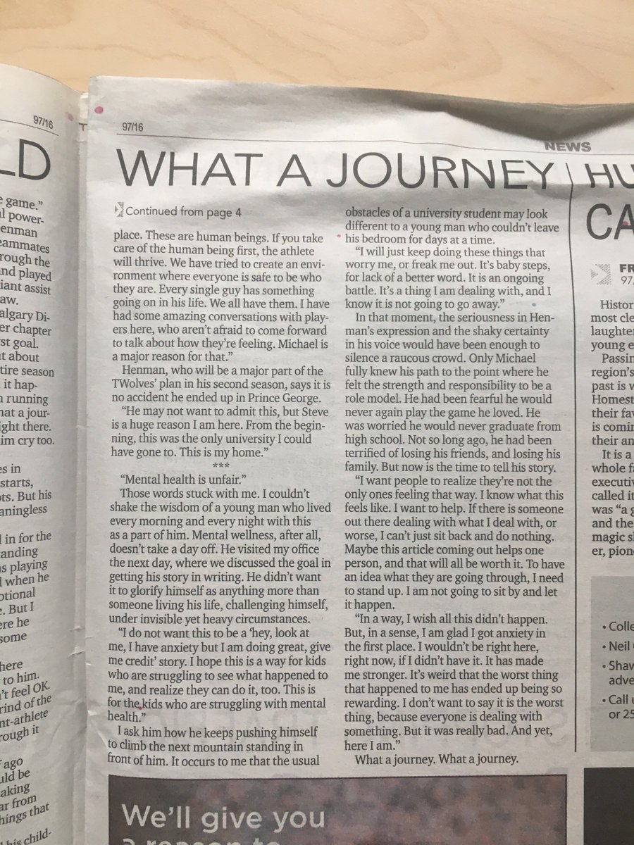 Very cool to see <a href="/henman_michael/">Michael Henman</a>'s story of mental illness featured on the front page of <a href="/PGCitizen/">PrinceGeorgeCitizen</a> today. All 5000 WORDS, over four pages. Thankful for Michael, a member of <a href="/UNBCMSoccer/">UNBC Mens Soccer</a>, for bravely telling his story, and for media like The Citizen and @PGMatters for sharing it.