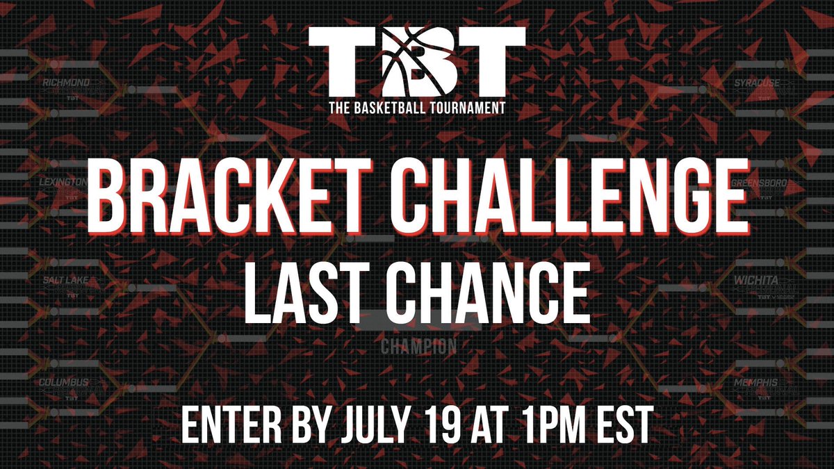thetournament's tweet image. Only 1️⃣ day left to enter the #TBT2019 Bracket Challenge! All selections must be locked in by Friday, July 19 at 1 pm EST.

Up to 260 fan points are on the line. Who do you got?!?

💻: thetournament.com/my-bracket

#TBTFAN