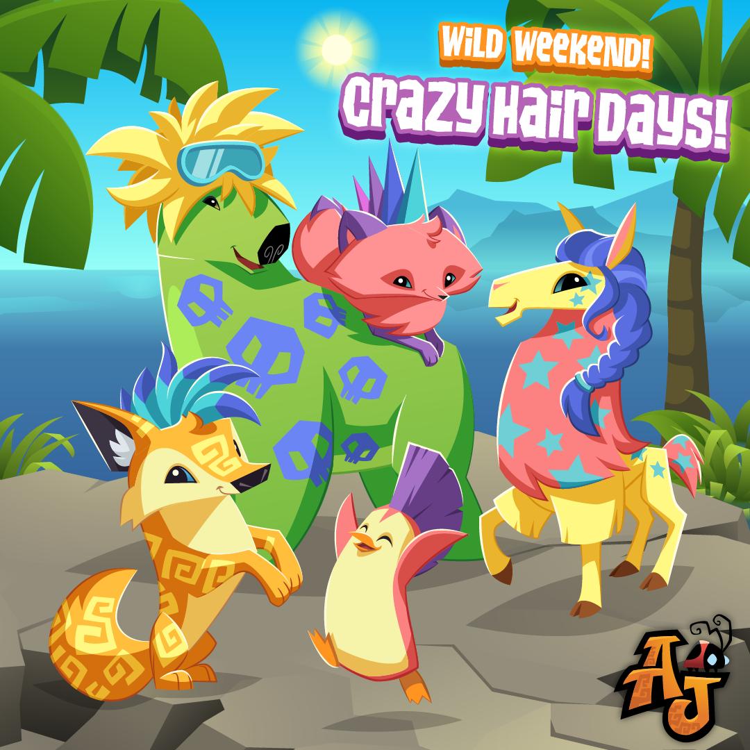 AnimalJam's tweet photo. Jamaa looks are about to be WILD with the new Wild Weekend: Crazy Hair Days! Running Thursday through Sunday only, twelve hairstyles are available with four new colors each! That’s forty-eight possible new hairdos for you! WHOAH!  #AnimalJam #KidsGames https://t.co/W9gpA9VFrD