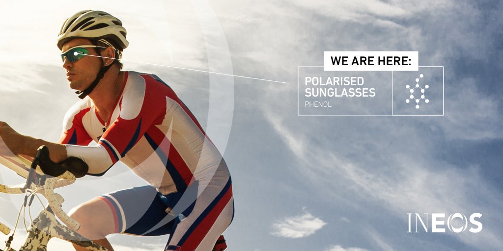 INEOS's tweet photo. Even for @TeamINEOS, #racing in the sunshine can be a gruelling task. Our products ensure they remain safe on the road.

Phenol and acetone are key raw materials in the manufacturing of polycarbonate, used in the production of high quality sunglasses frames and lenses. #TDF2019 https://t.co/bXdUn1eH2A