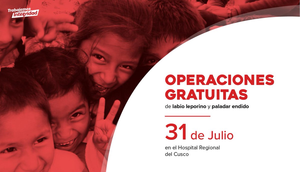 #Salud | Campaña gratuita de operación de labio leporino y paladar endido espera intervenir a 45 personas el próximo 31 de julio en el Hospital Regional del Cusco.