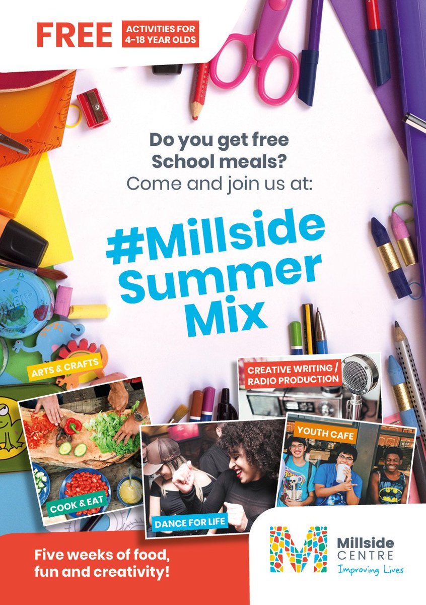 Millside_Centre's tweet photo. Our first ever summer programme is finally here!

The #MillsideSummerMix is 5 weeks of food, fun and creativity, designed especially for children &amp; young people who receive free school meals. All sessions are FREE &amp; drop-in but you must book in for our Cook &amp; Eat session. #RT https://t.co/5COi4YHv48