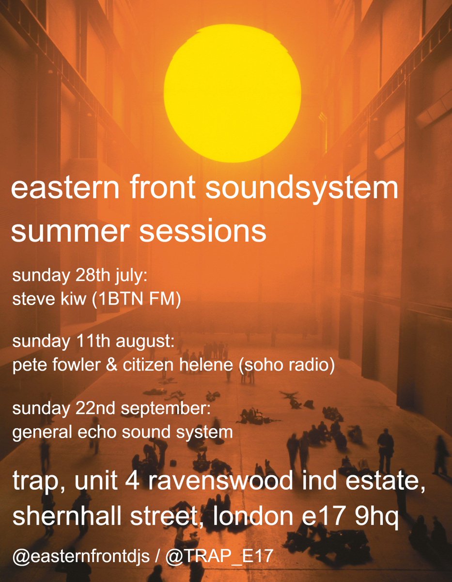 we're doing some sunday sessions this summer with some pals at the lovely <a href="/TRAP_E17/">The Real Al Tap</a> ...
28/07 - 11/08 - 22/09
come along and hear us and the far better <a href="/steve_kiw/">Outta here</a> <a href="/petefowlerart/">Pete Fowler</a> @citizenhelene <a href="/Gen_Echo_echo/">General Echo Reggae Disco</a> play a few records and that. x