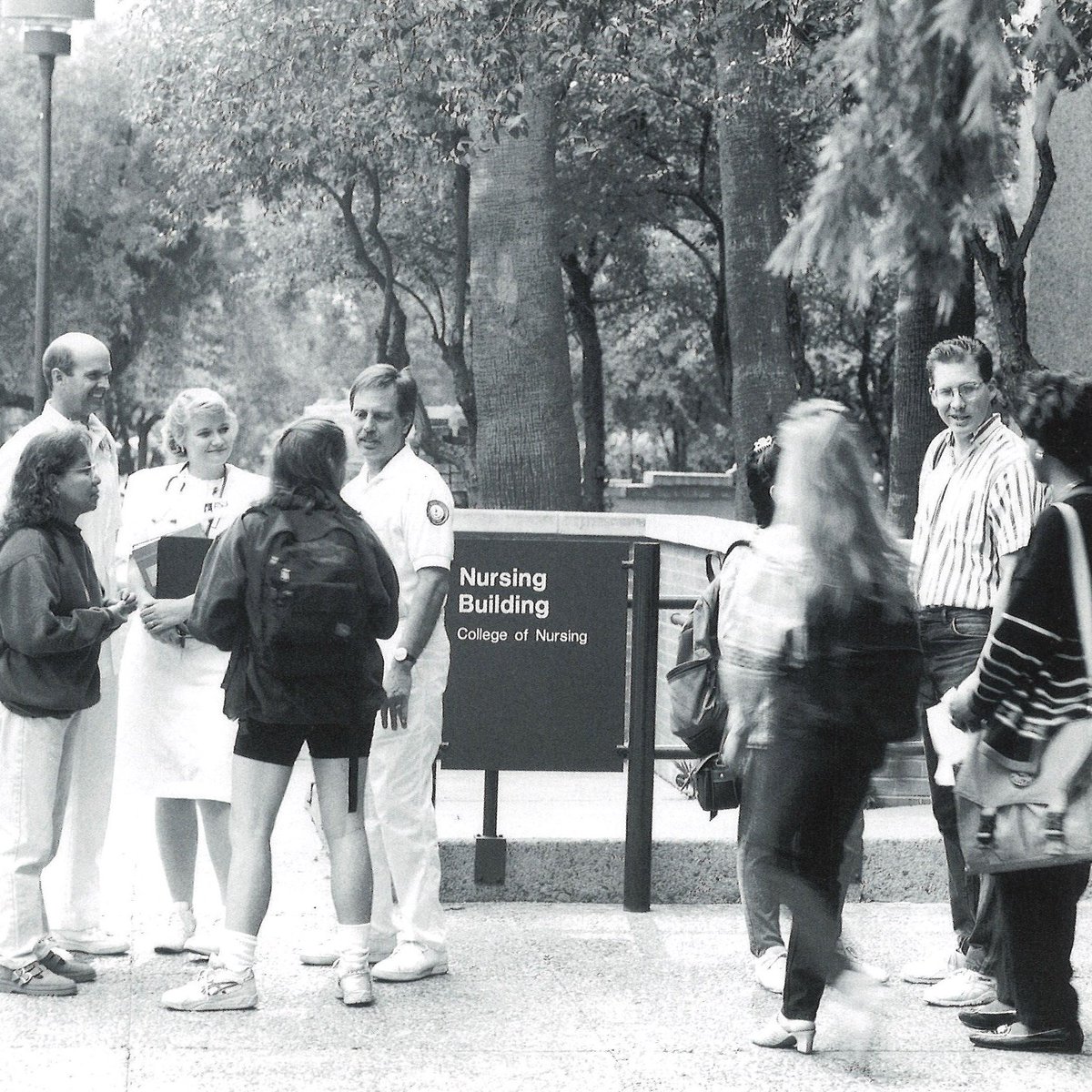 asunursing's tweet photo. #TBT Don’t let the black &amp; white fool you… this photo was taken in the 𝟗𝟎’𝐬 back when our building was on the @ASU Tempe campus. 

#ASUNursing #ASUTempe  #OldSchool  #90sFashion https://t.co/QE97yeJho4